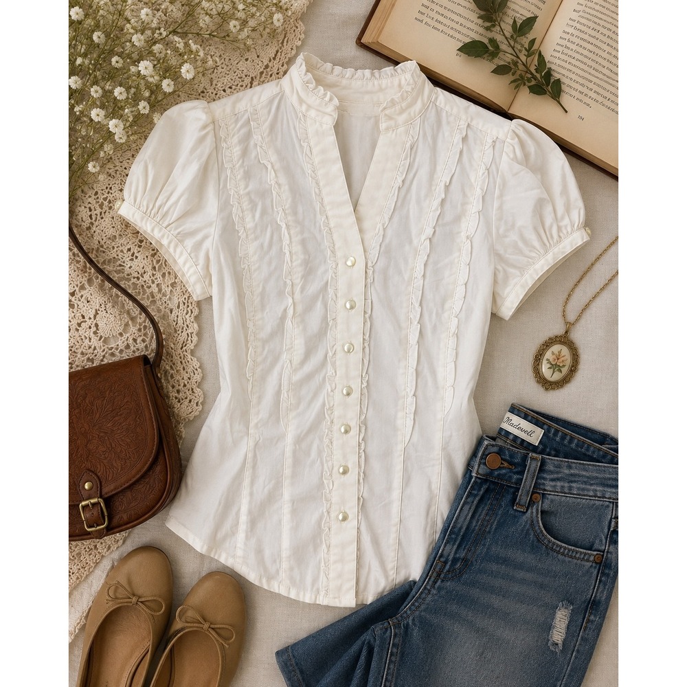 George Blouse Ruffle Front Puff Sleeve S Arctic White Stretch Victorian Cottage